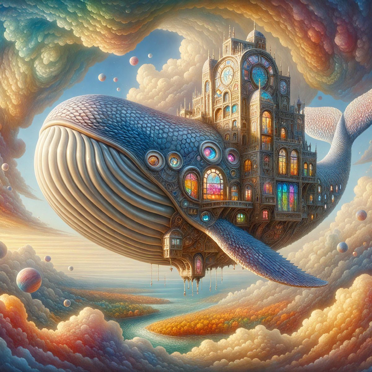 The primary subject of the image is a whale, which is depicted as a large, colorful, and intricately designed creature. The whale is flying through the sky, surrounded by a vibrant and lively environment. The setting includes a castle, which adds a sense of fantasy and wonder to the scene. The visual style of the image is a combination of digital art and illustration, creating a unique and captivating artwork. The colors and mood of the image are predominantly bright and cheerful, with a sense of playfulness and creativity.